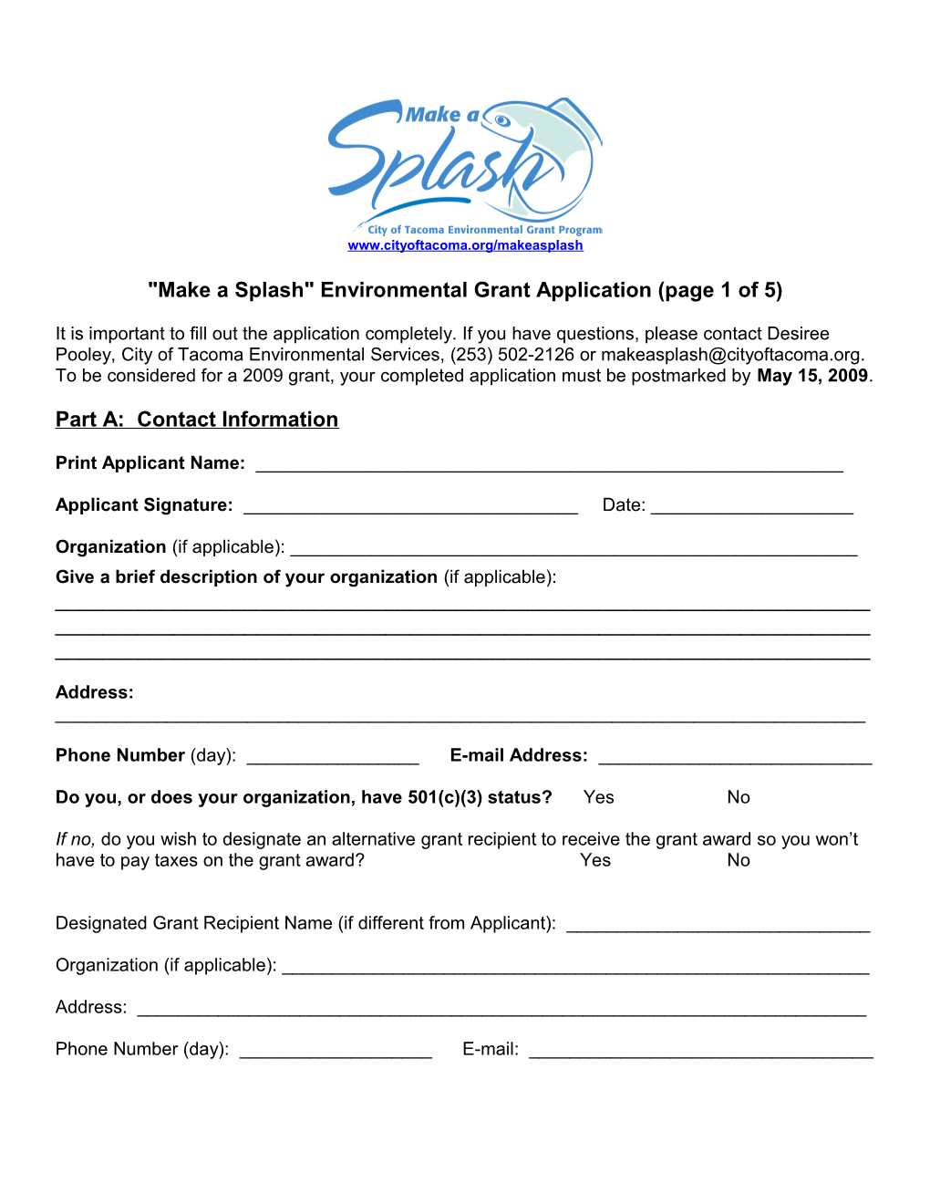 A Splash Environmental Grant Application (Page 1 of 5)