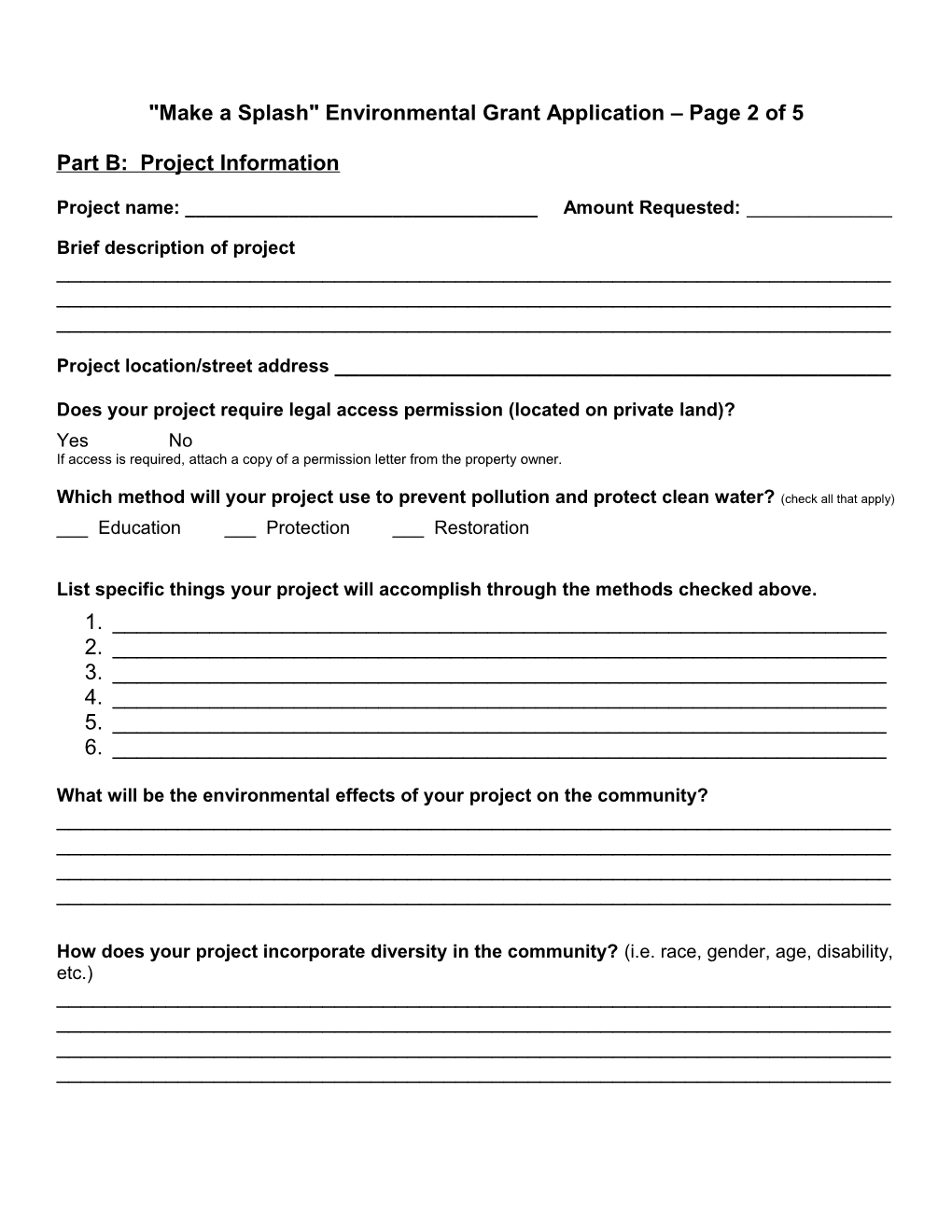 A Splash Environmental Grant Application (Page 1 of 5)