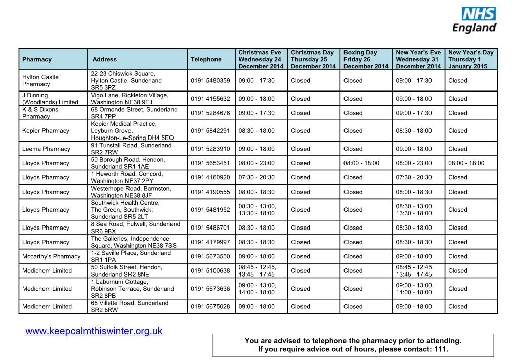 Sunderland - Pharmacy Opening Times Christmas and New Year 2014/15
