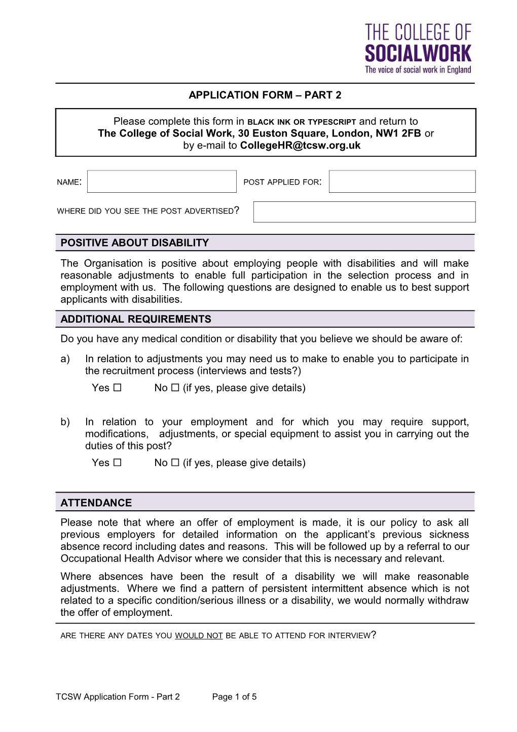 TCSW Application Form Part 2