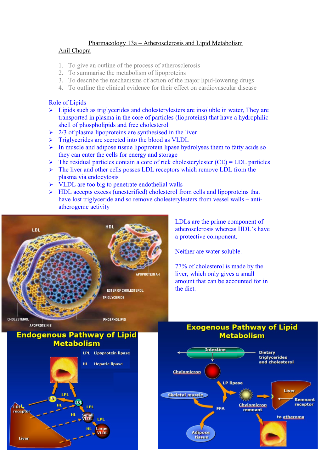 Pharmacology 13A Atherosclerosis and Lipid Metabolism