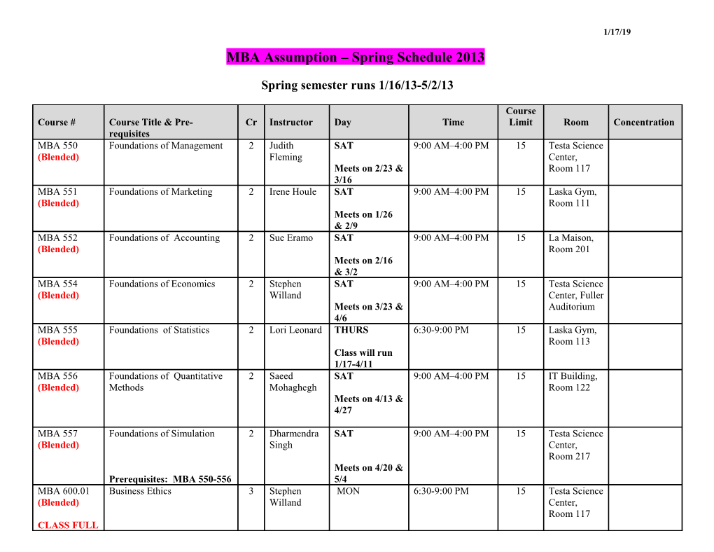 MBA Assumption Summer Schedule