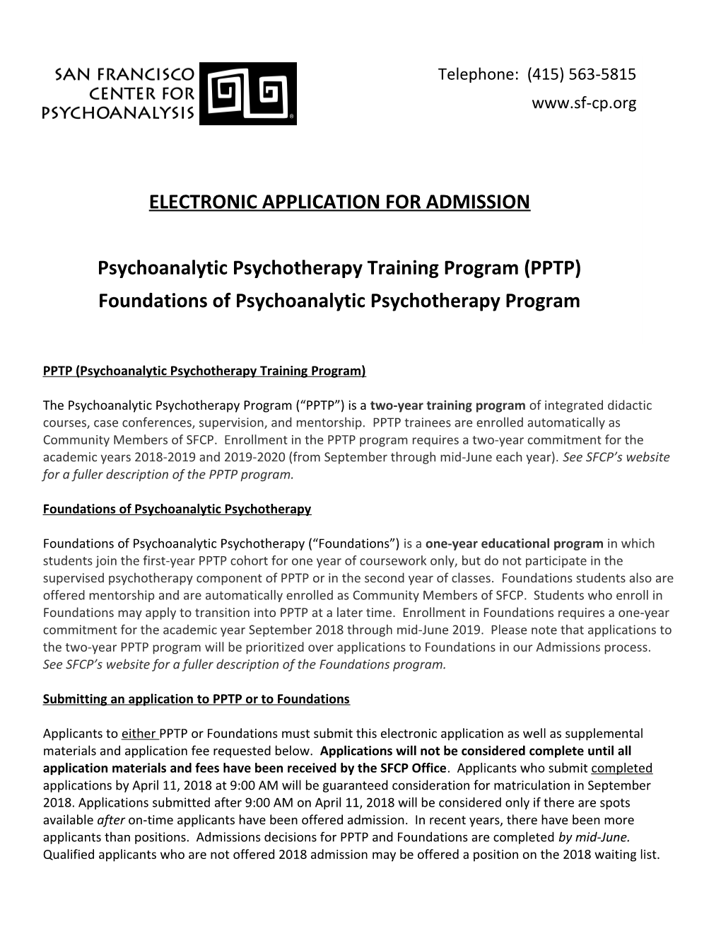 2016 Psychoanalytic Psychotherapy Training Program Application Form