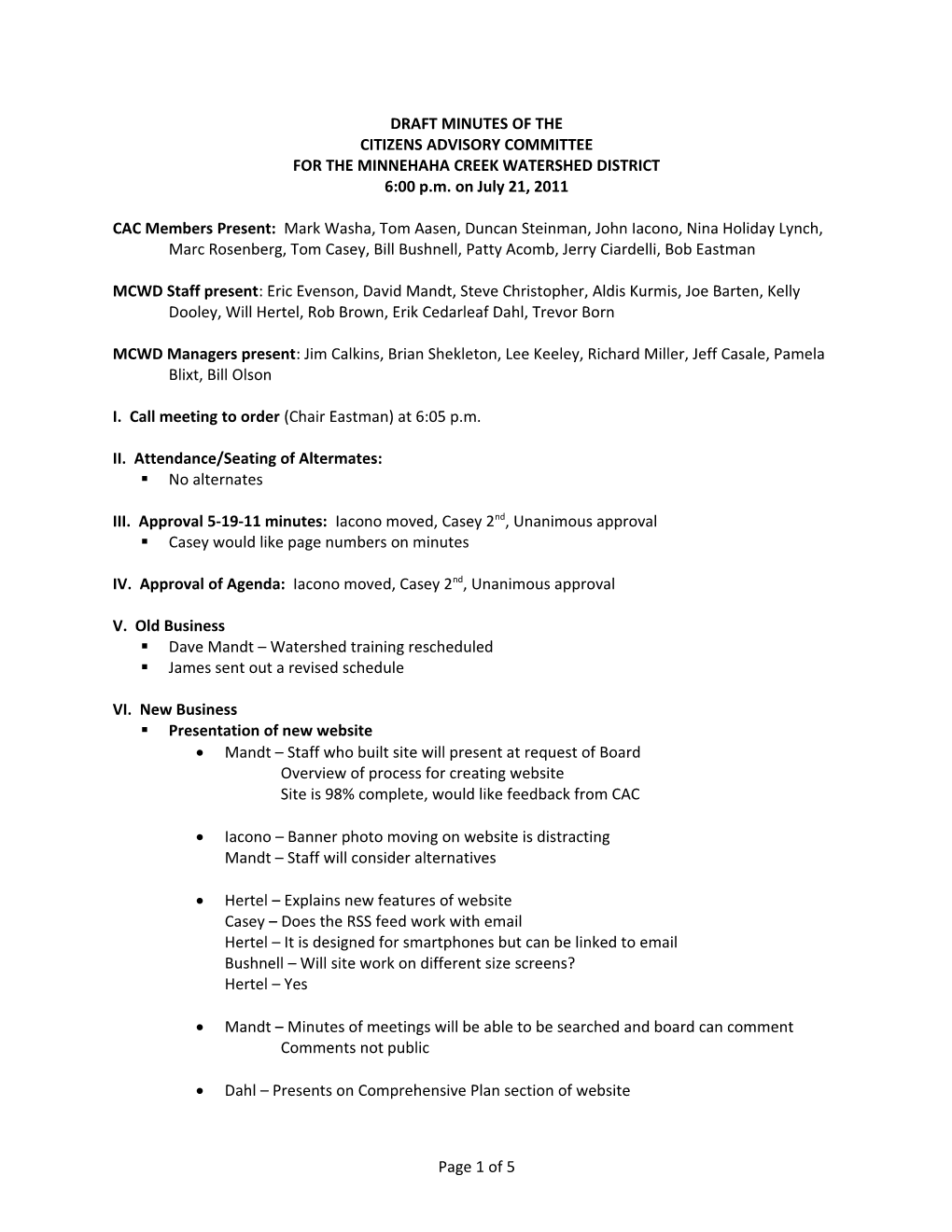 Draft Minutes of the Citizens Advisory Committee for the Minnehaha Creek Watershed District
