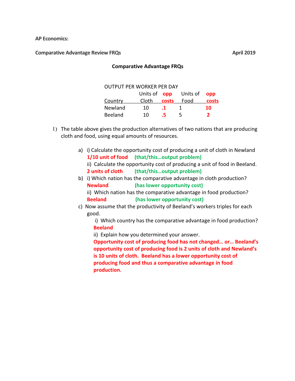 Comparative Advantage Review Frqs April 2019