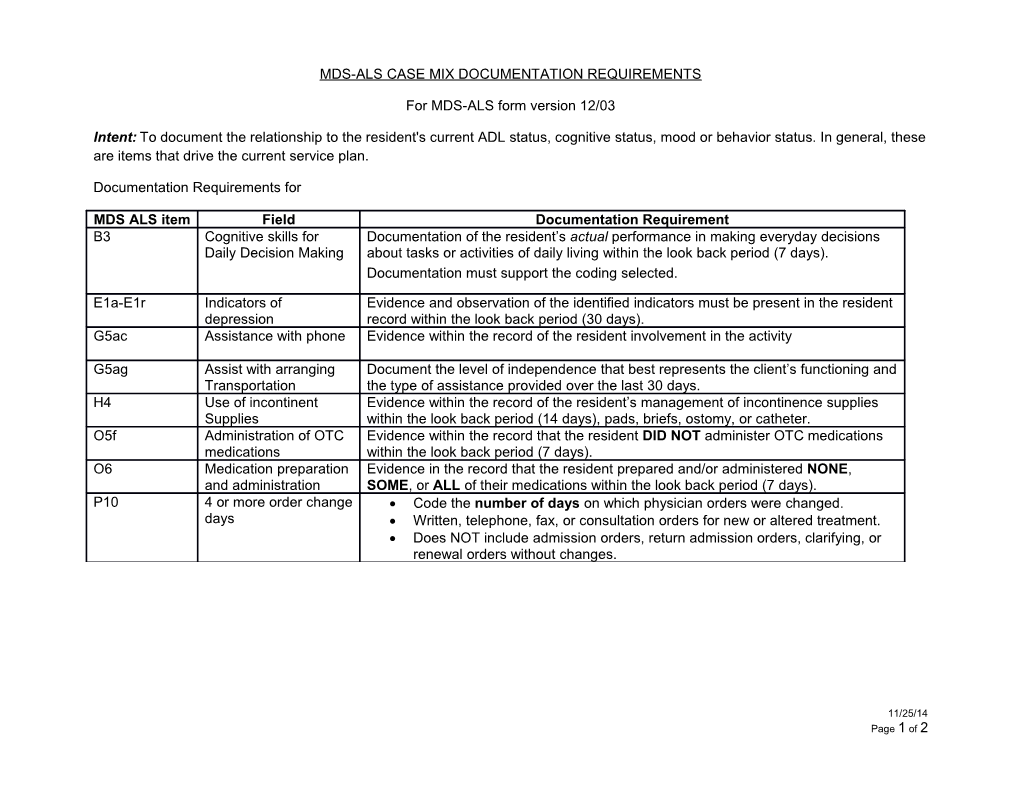 Mds-Alscase Mix Documentation Requirements