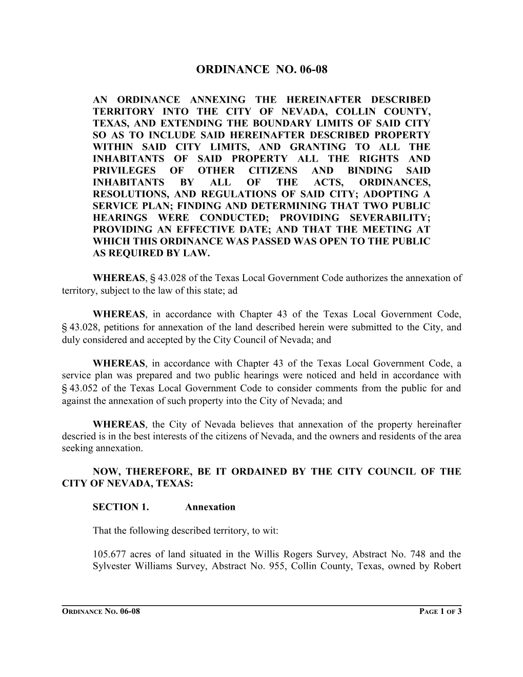 An Ordinance Annexing the Hereinafter Described Territory Into the City of Nevada, Collin
