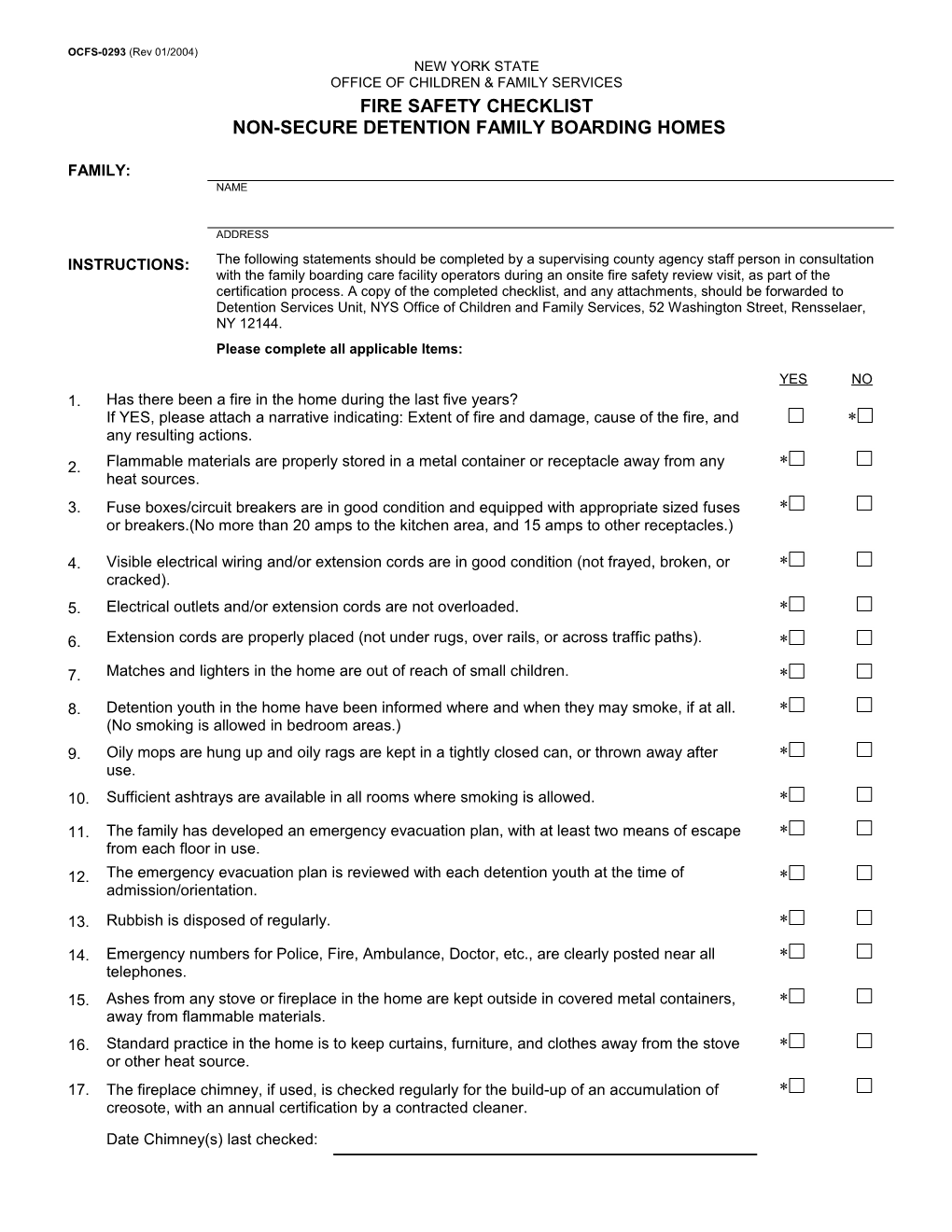 OCFS-0293 Fire Safety Checklist Non-Secure Detention Family Boarding Homes