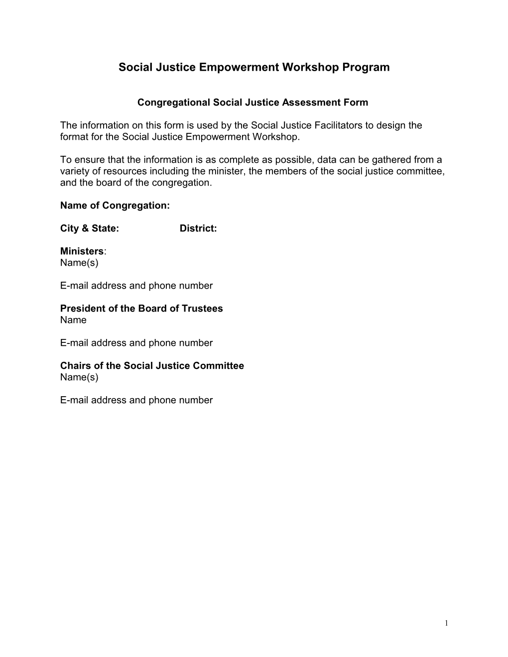 Evalue Form for Congregational Evaluation Training