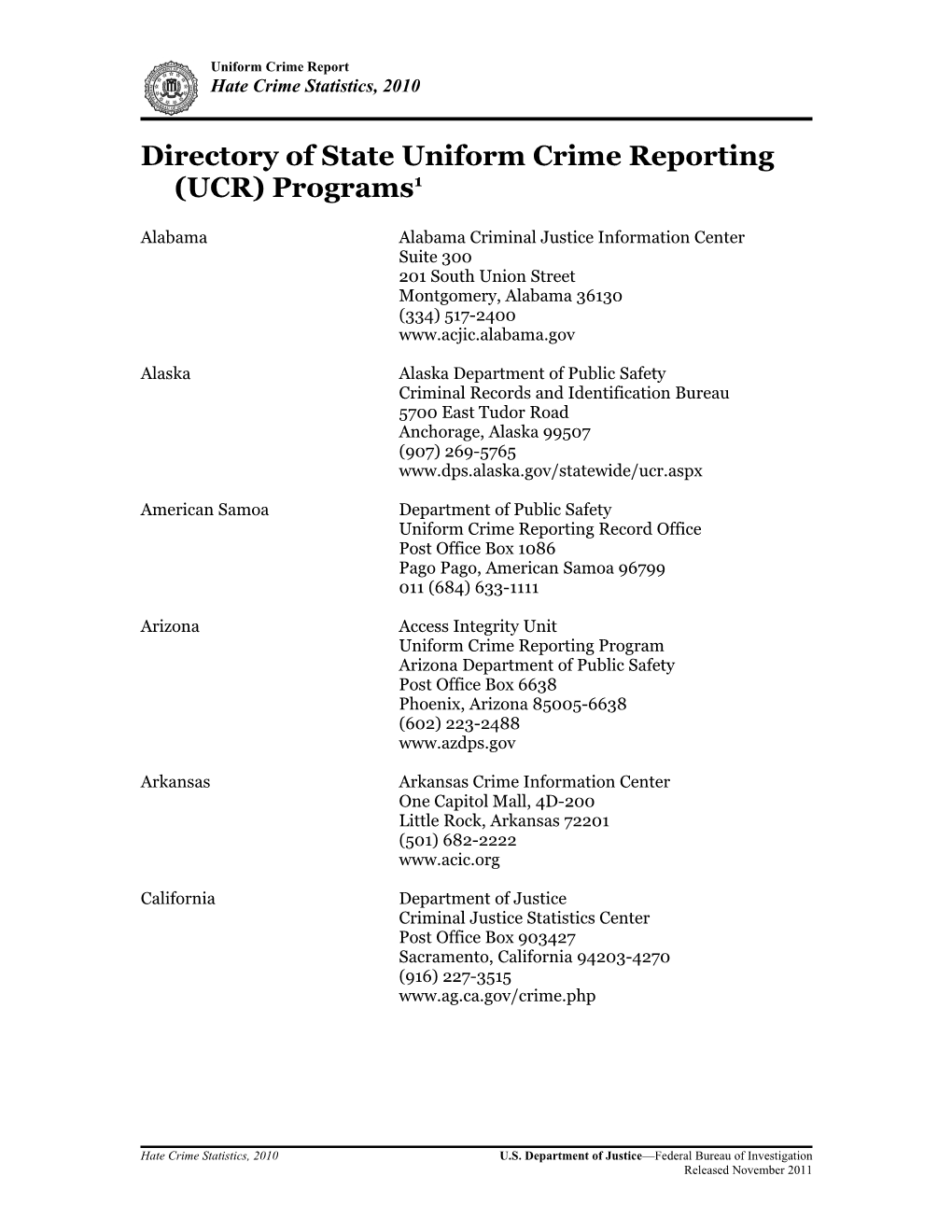 Directory of State Uniform Crime Reporting Programs As a Word Table