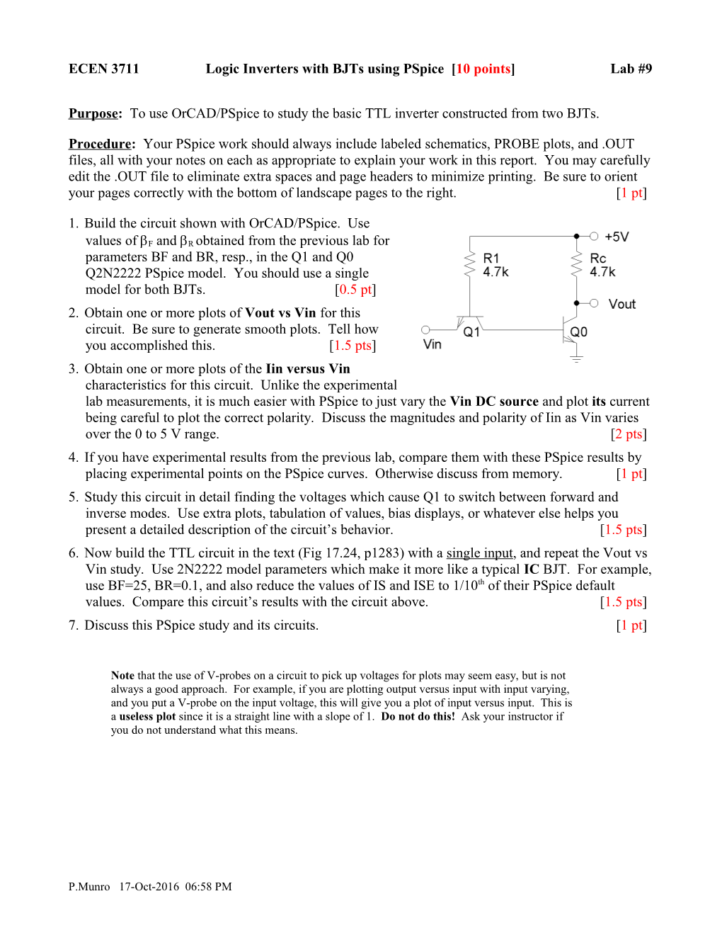 ECEN 3711 Logic Inverters with Bjts Using Pspice Lab #9