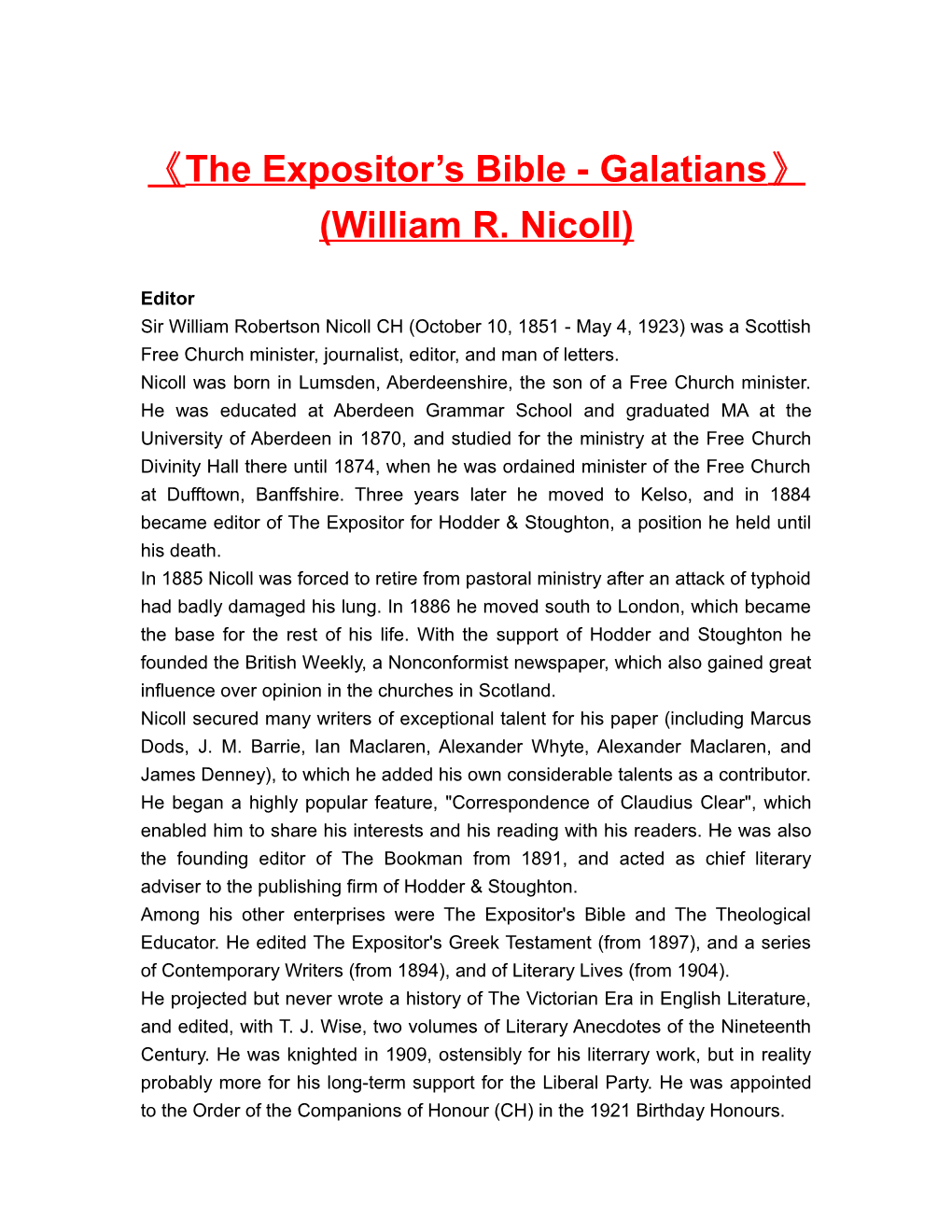 The Expositor S Bible - Galatians (William R. Nicoll)