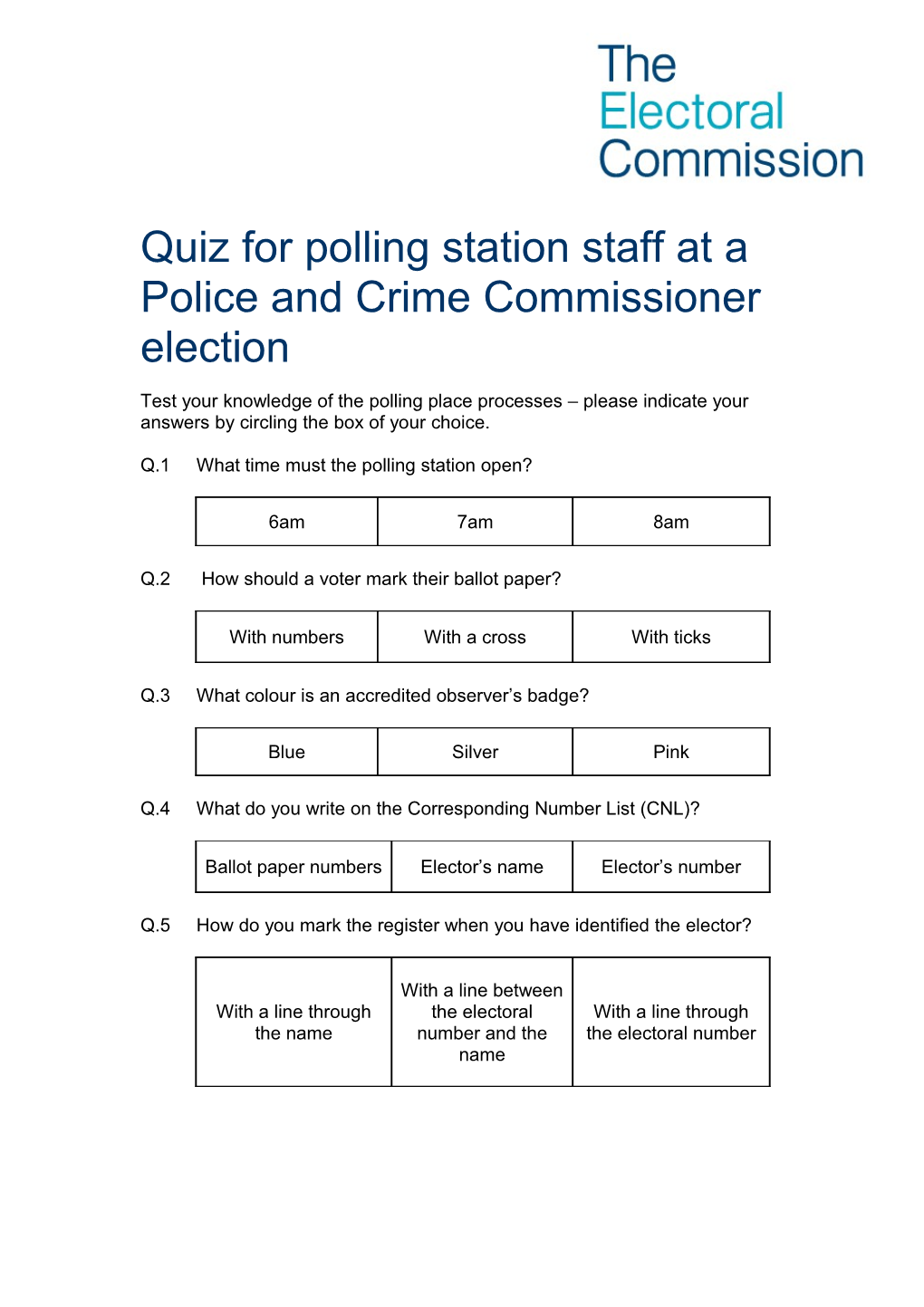 PCC Quiz for Polling Station Staff