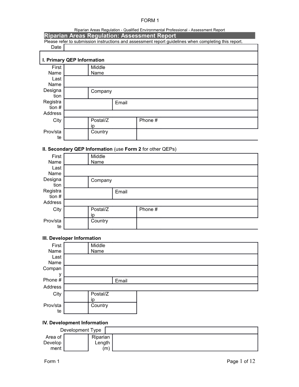 Riparian Areas Regulation: Assessment Report Tombstone Data