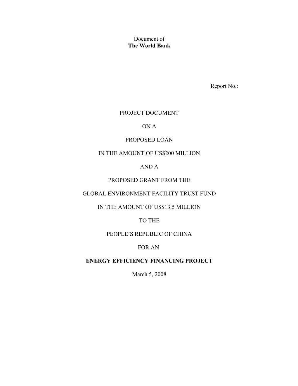 TABLE of CONTENTS of the PROJECT APPRAISAL DOCUMENT (PAD) Cover Sheet