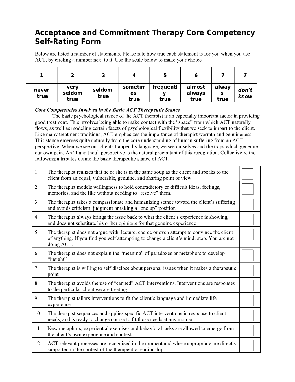 Self-Rating Core Competencies Forms