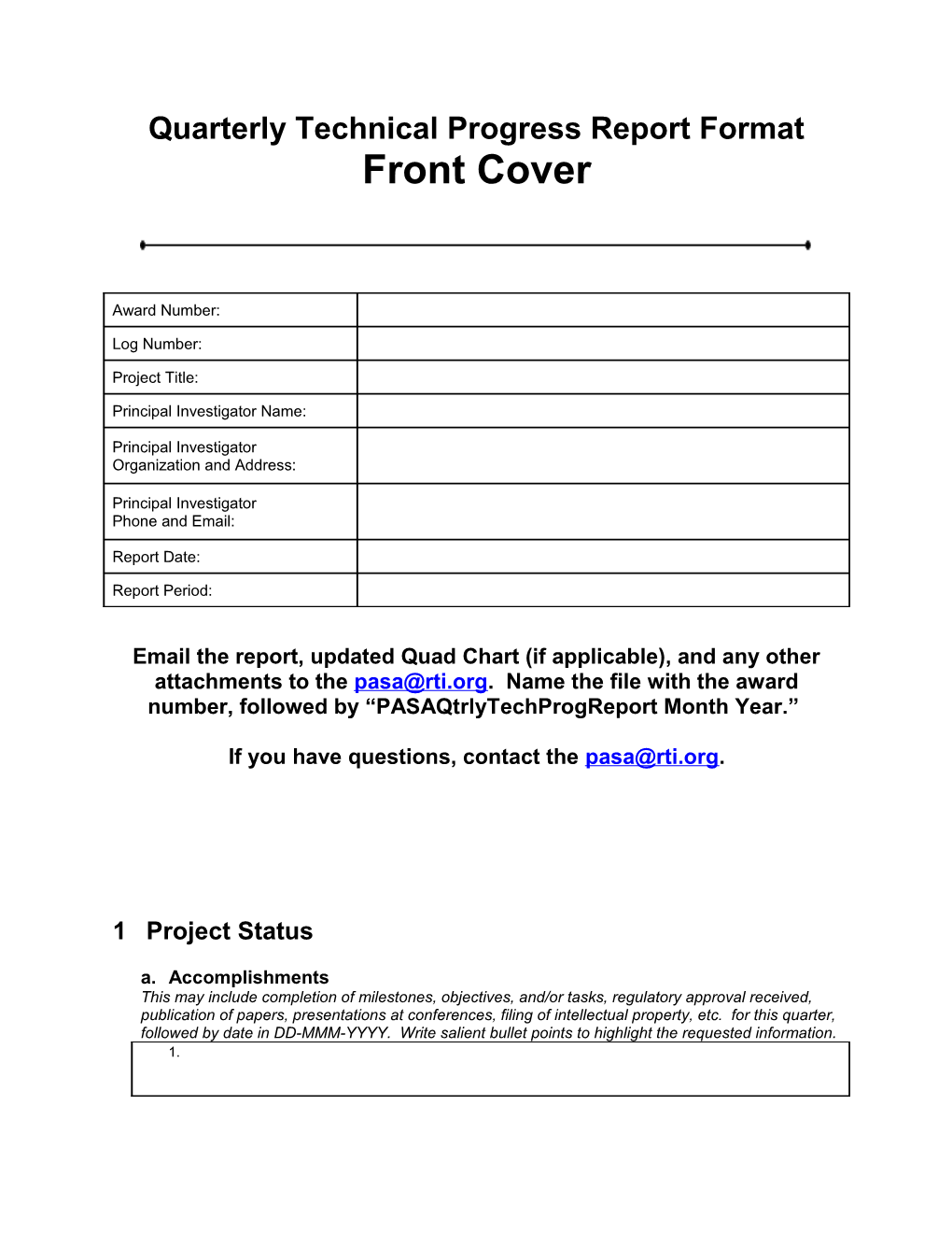 Quarterly Technical Progressreport Formatfront Cover