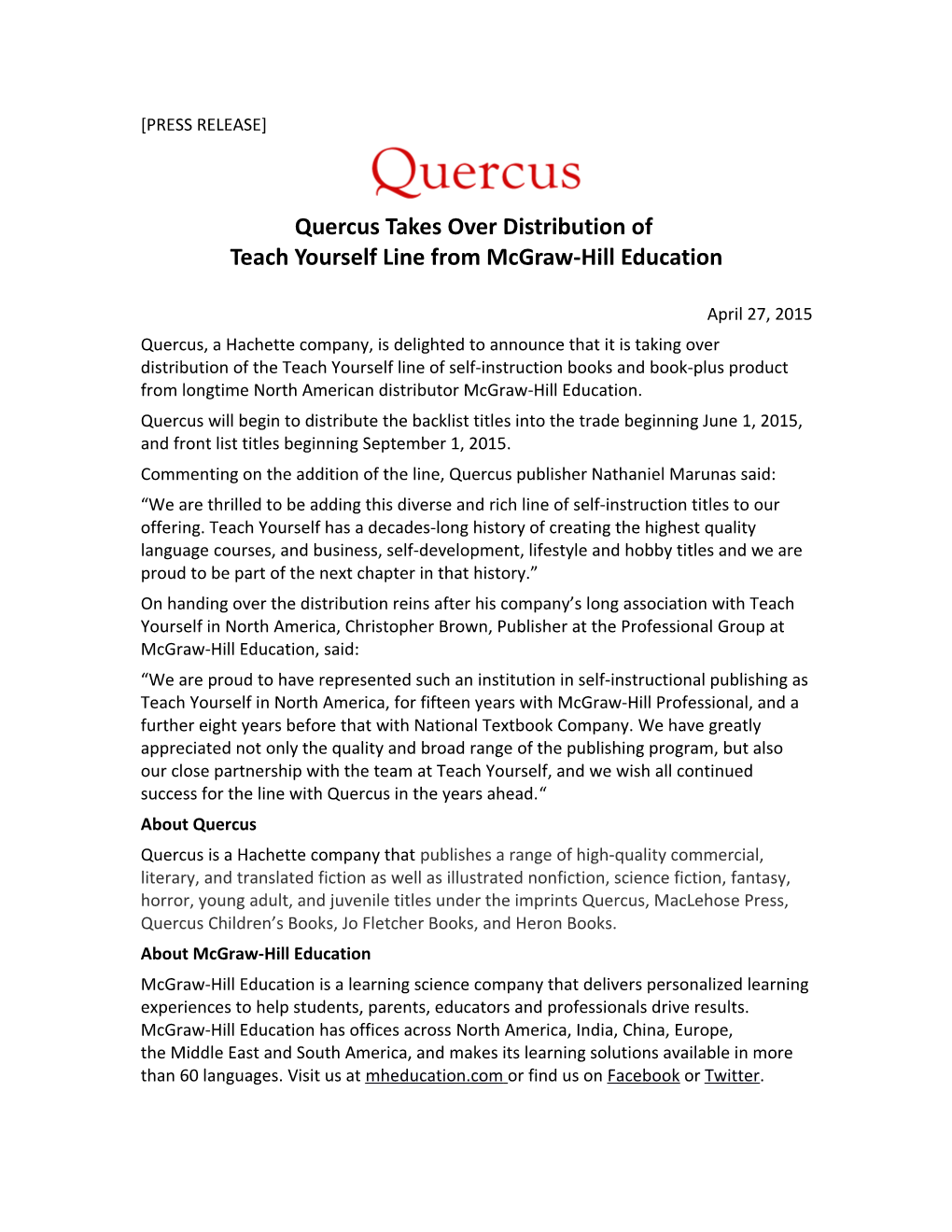 Quercus Takes Over Distribution of Teach Yourself Line from Mcgraw-Hill Education