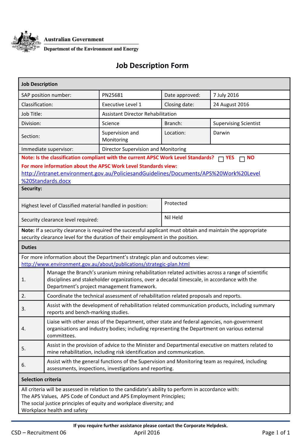 Job Description Form - April 2016
