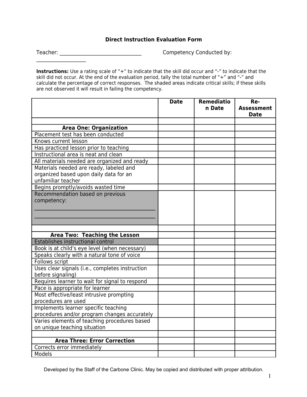 Effective Teaching Procedures Evaluation Form
