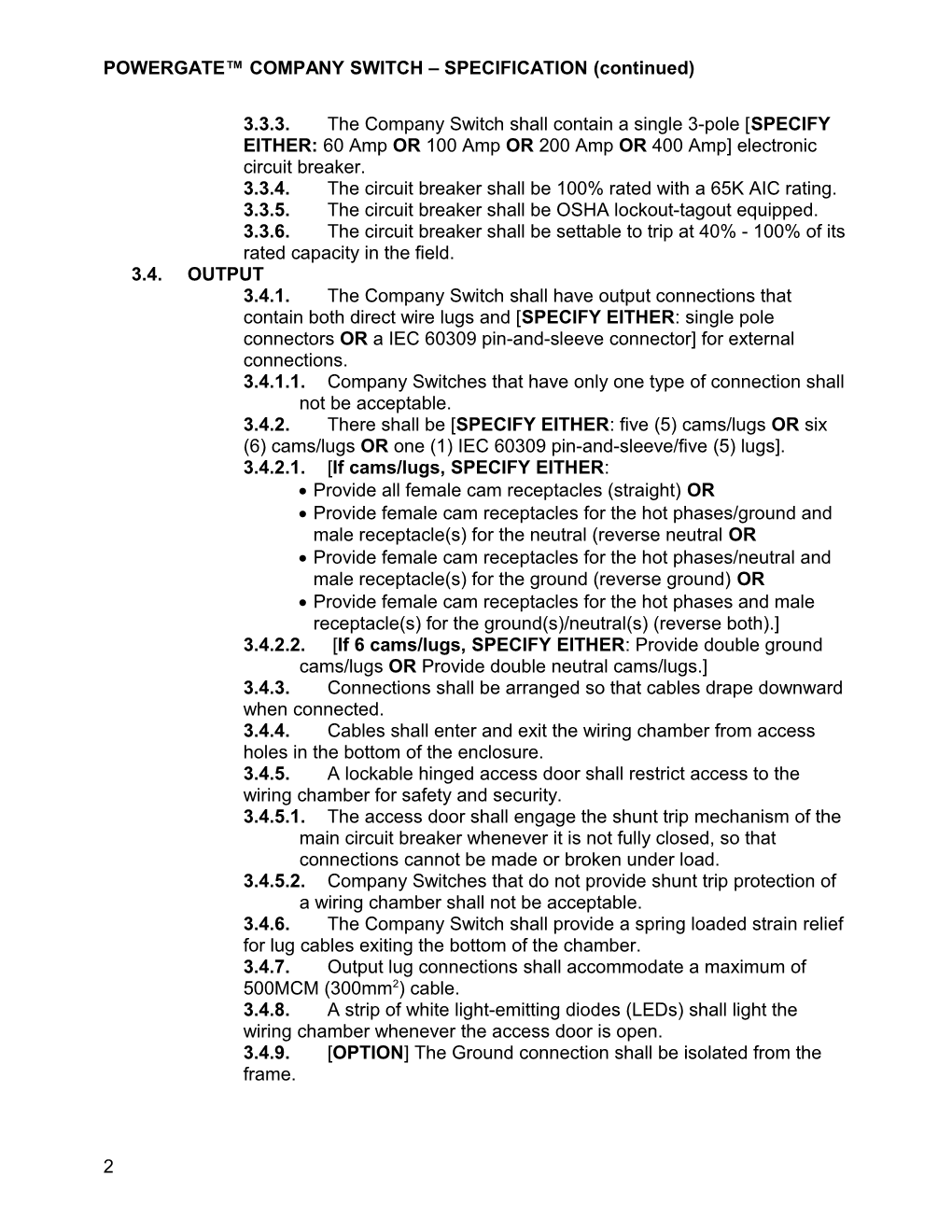 POWERGATE COMPANY SWITCH SPECIFICATION (Continued)