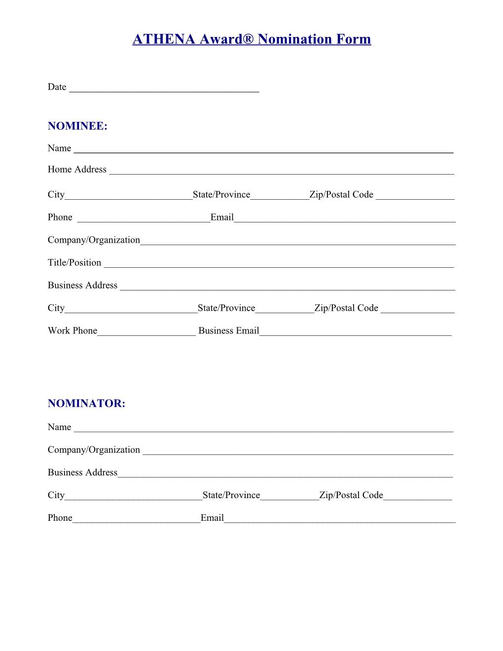 ATHENA Award Nomination Form
