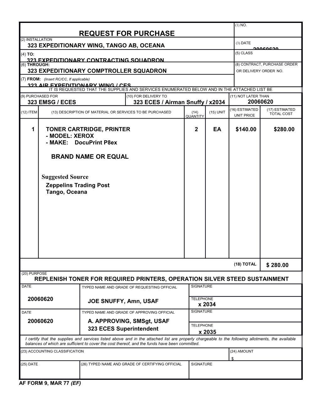 Purchase Request (Air Force Form 9)