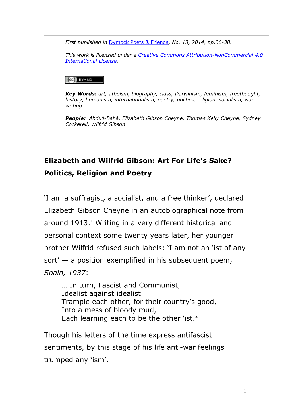 Elizabeth and Wilfrid Gibson: Art for Life S Sake? Politics, Religion and Poetry