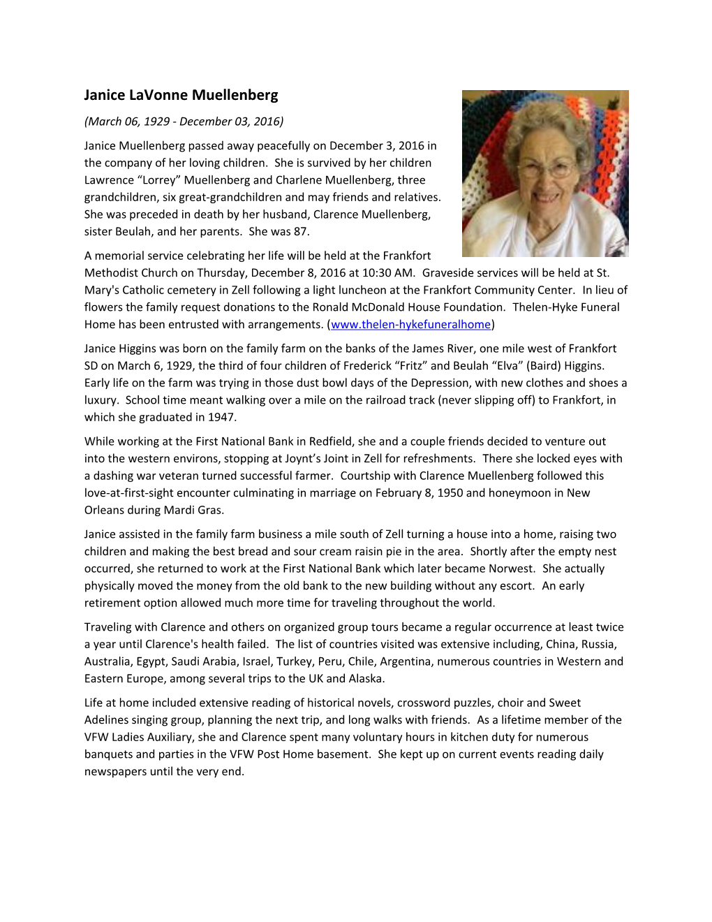 Janice Muellenberg Passed Away Peacefully on December 3, 2016 in the Company of Her Loving