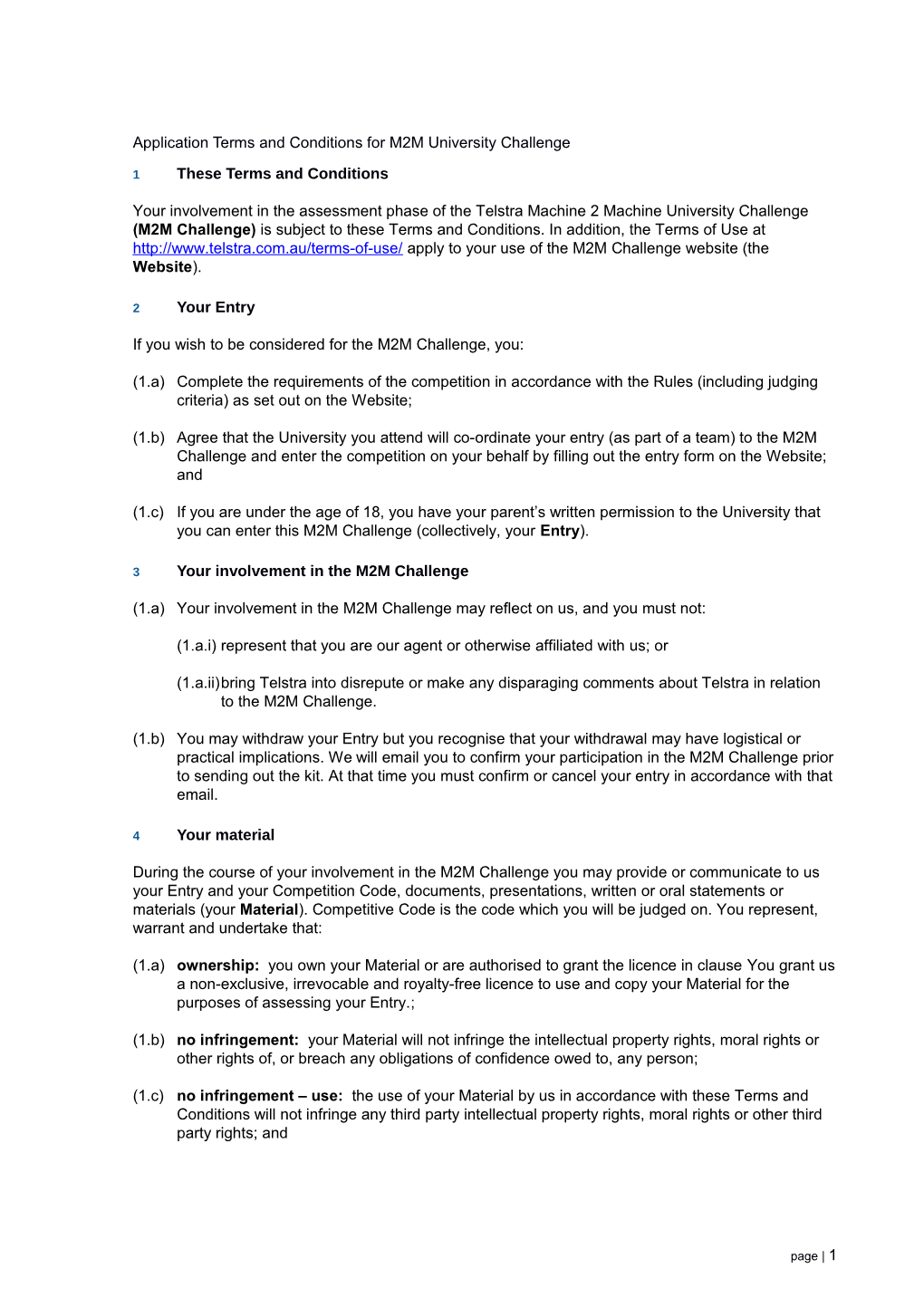 Application Terms and Conditions for M2M University Challenge