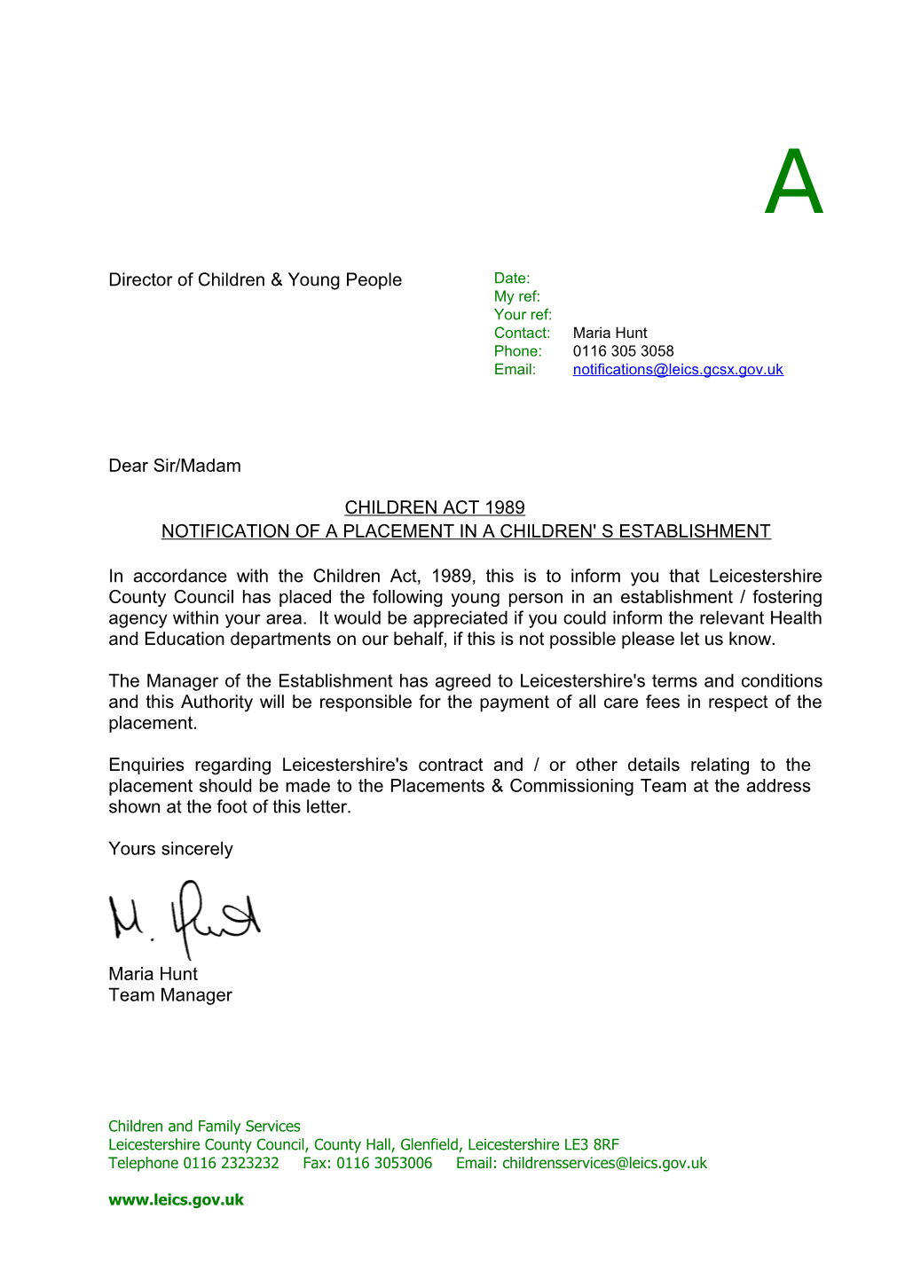 Notification of a Placement in a Children' S Establishment