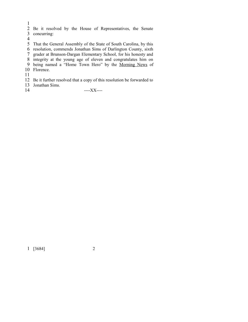 1999-2000 Bill 3684: Jonathan Sims, Resolutions - South Carolina Legislature Online