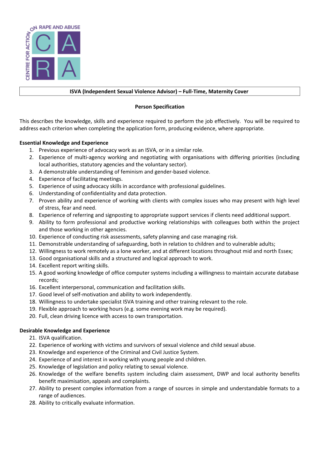 ISVA (Independent Sexual Violence Advisor) Full-Time, Maternity Cover