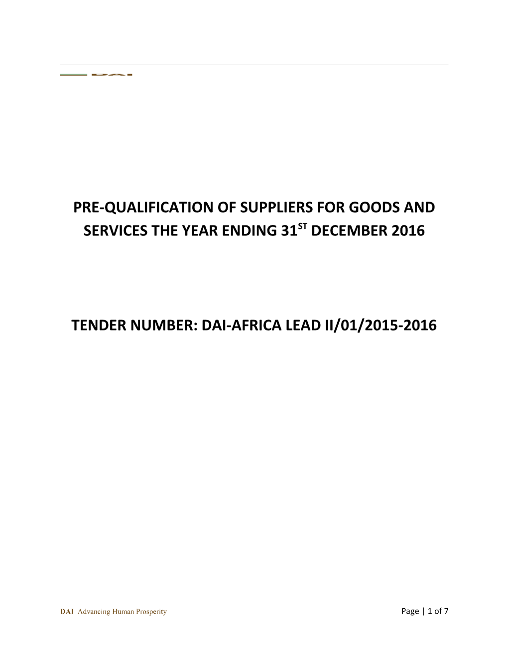 Tender Number:Dai-Africa Lead Ii/01/2015-2016