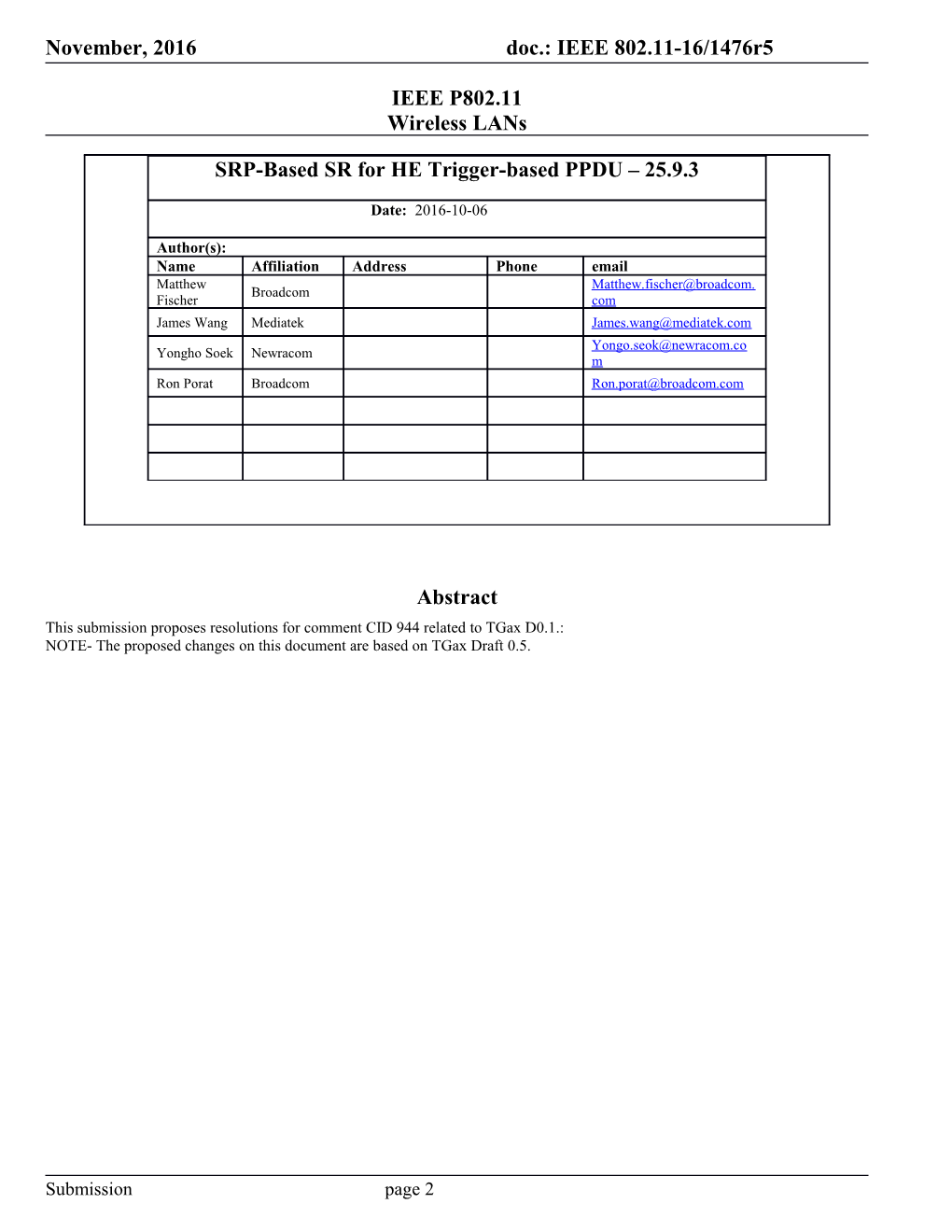 This Submission Proposes Resolutions for Comment CID 944 Related to Tgax D0.1