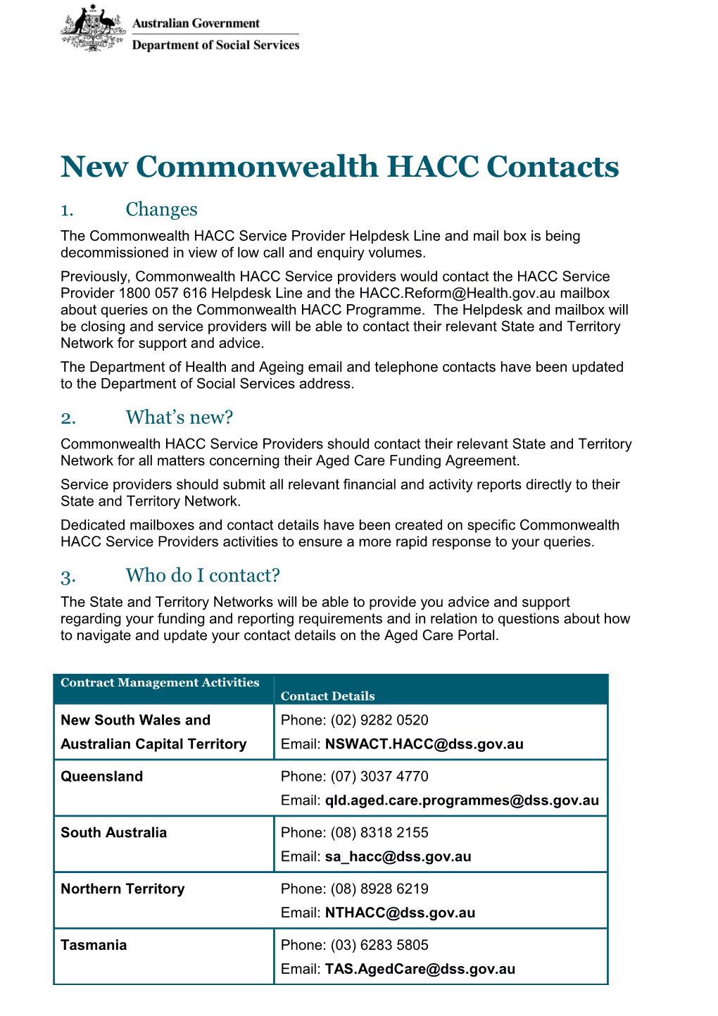 New Commonwealth HACC Contacts