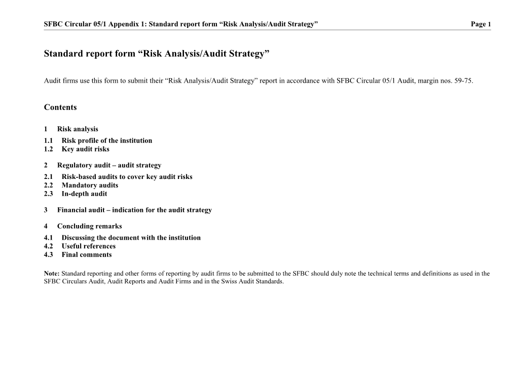 SFBC Circular 05/1 Appendix 1: Standard Report Form Risk Analysis/Audit Strategy Page1