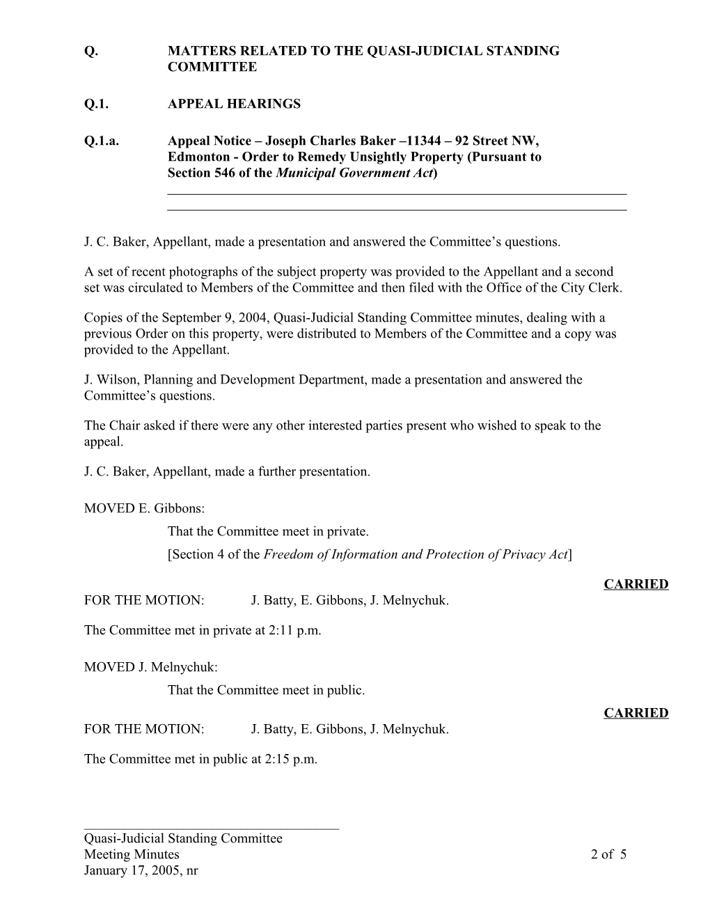 Minutes for Quasi-Judicial Standing Committee January 17, 2005 Meeting
