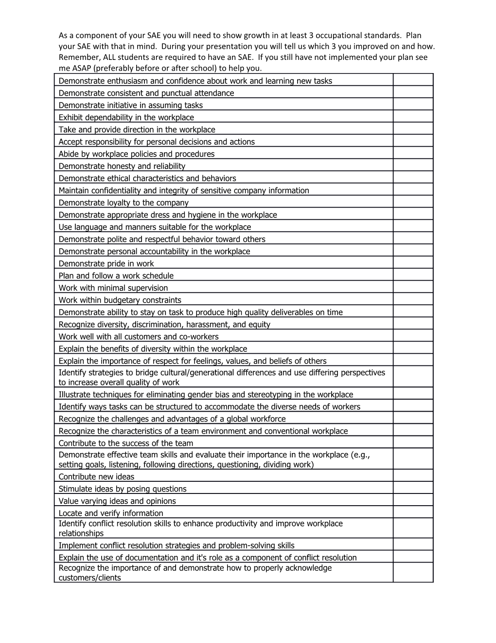 As a Component of Your SAE You Will Need to Show Growth in at Least 3 Occupational Standards