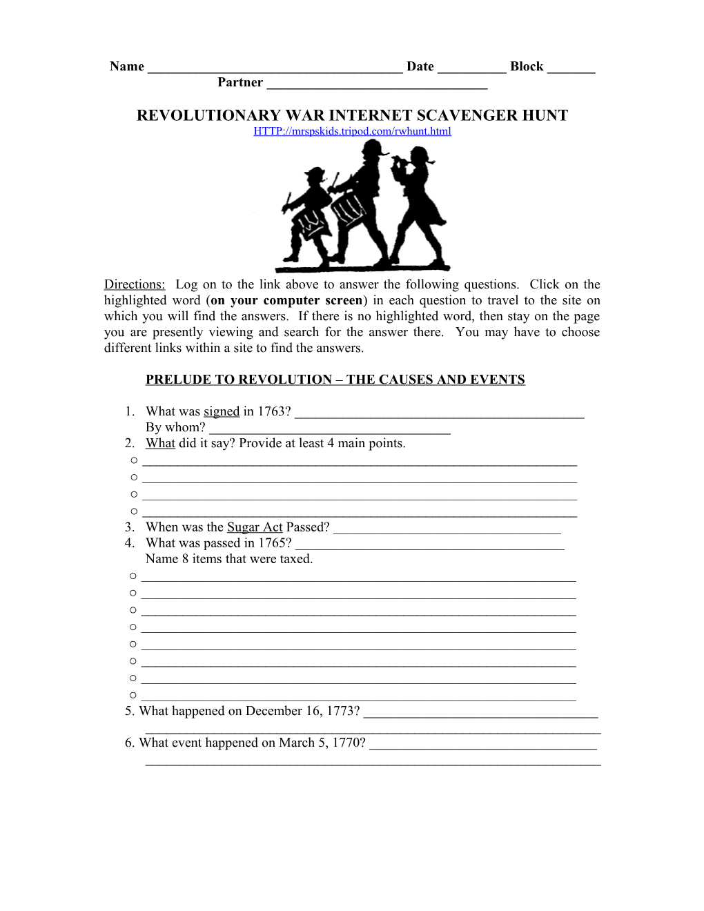 Revolutionary War Internet Scavenger Hunt