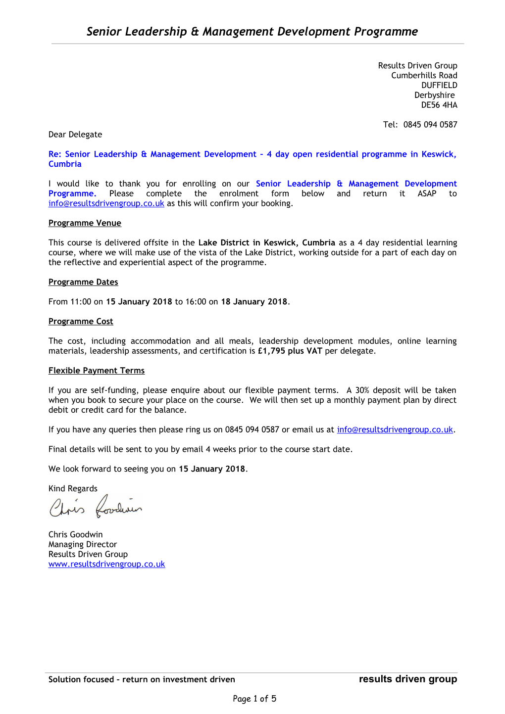 Re: Senior Leadership &Management Development 4 Day Open Residential Programme in Keswick