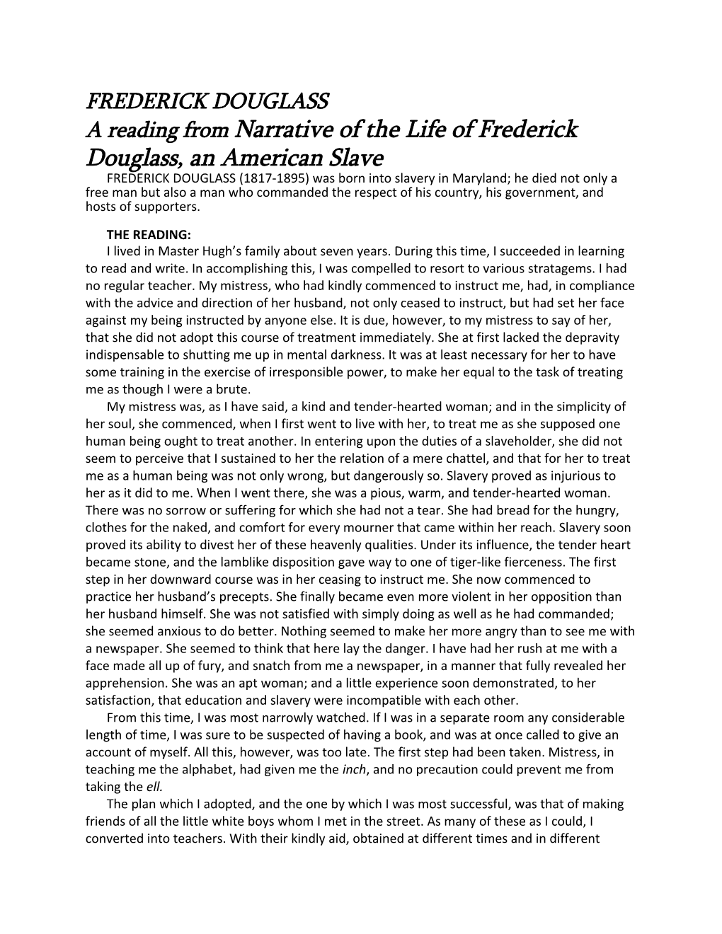 A Reading from Narrative of the Life of Frederick Douglass, an American Slave