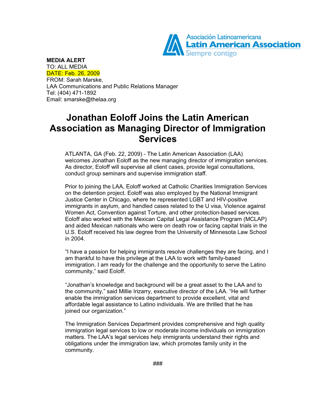 Jonathan Eoloff Joins the Latin American Association As Managing Director of Immigration