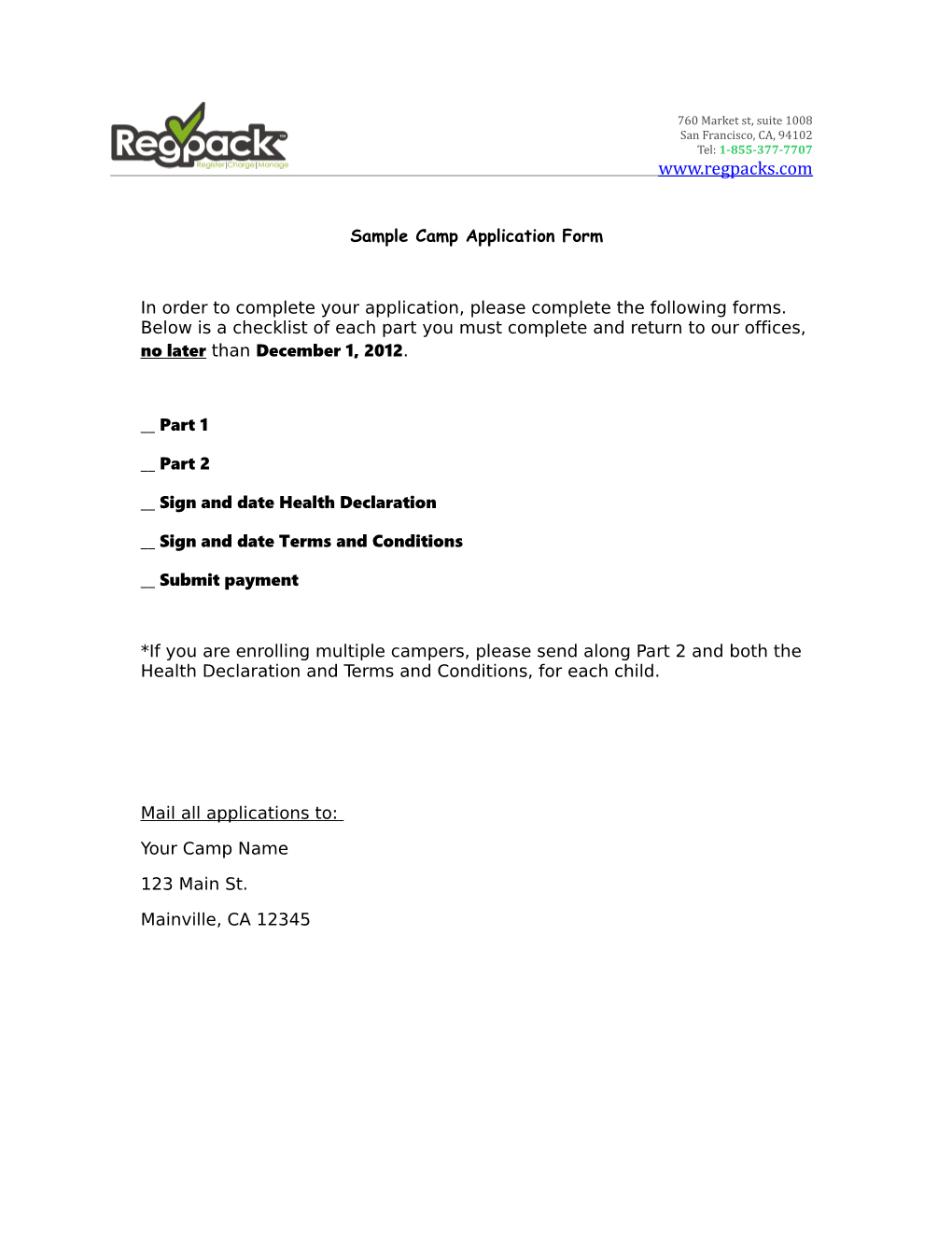 Sample Camp Application Form