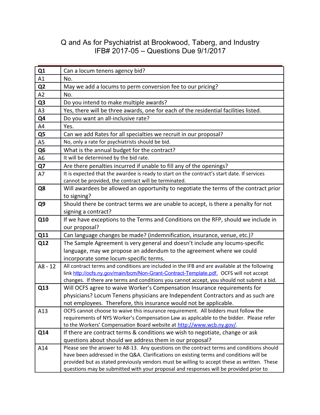 Questions and Answers for IFB# IFB 2017-05