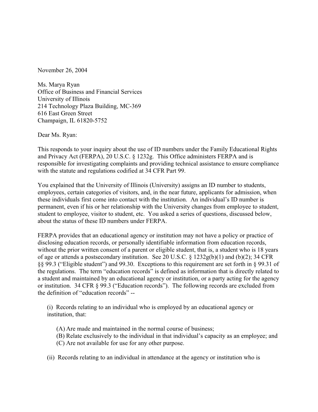 Letter to University of Illinois Re: Use of Student ID Numbers Under FERPA (MS Word)