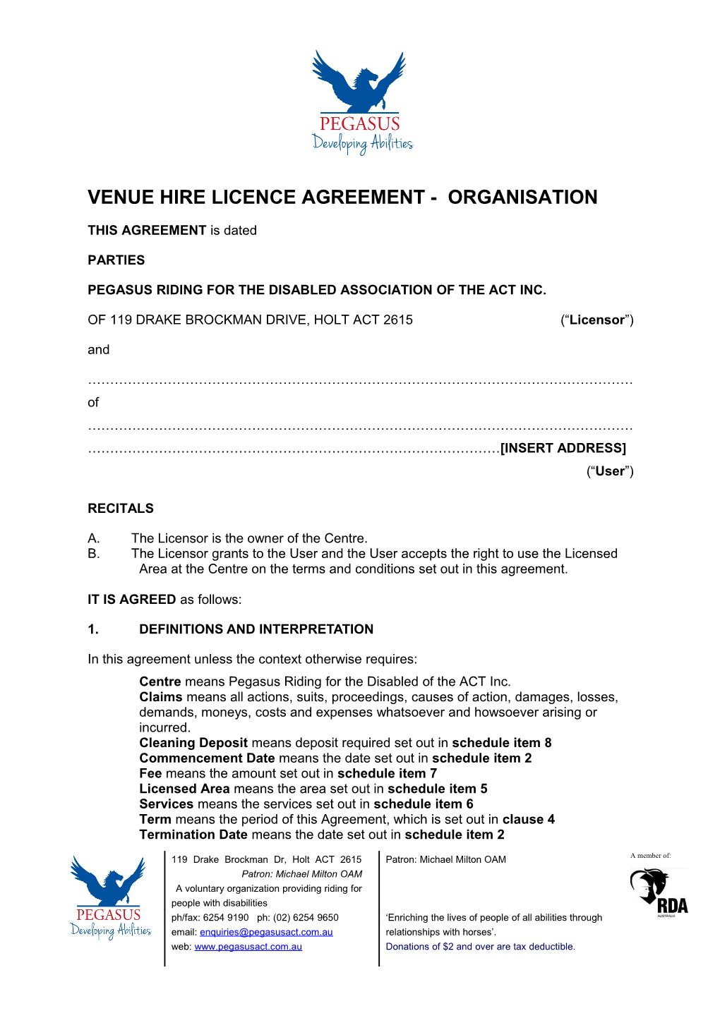 Venue Hire Licence Agreement - Organisation