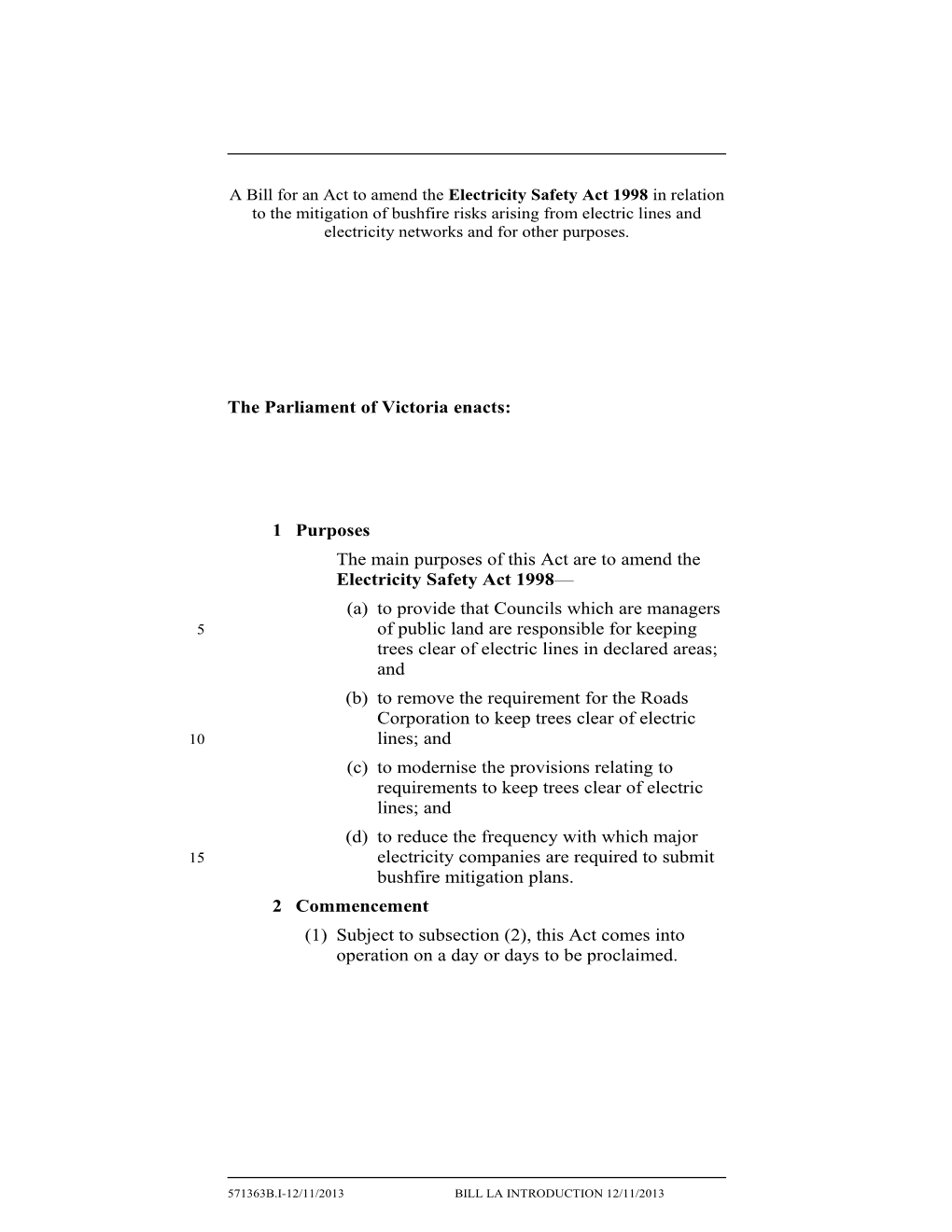 Electricity Safety Amendment (Bushfire Mitigation) Bill 2013