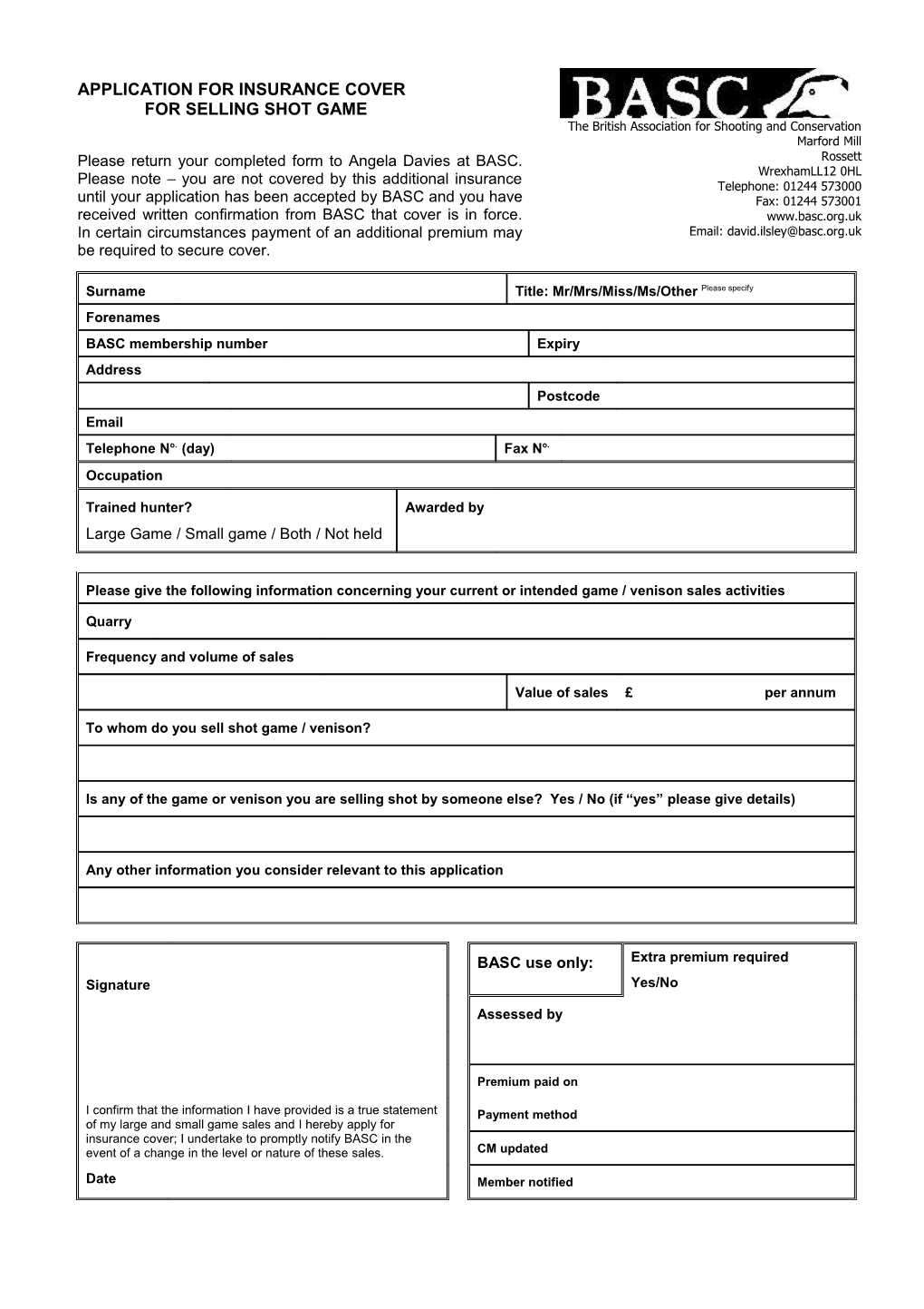 Application for Insurance Coverfor Selling Shot Game