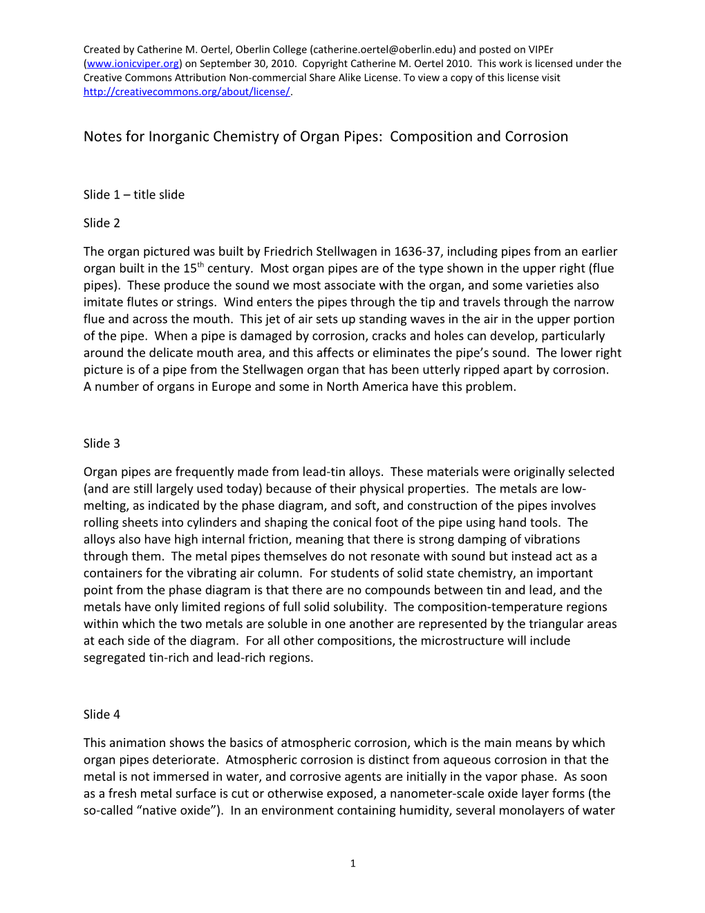 Notes for Inorganic Chemistry of Organ Pipes: Composition and Corrosion